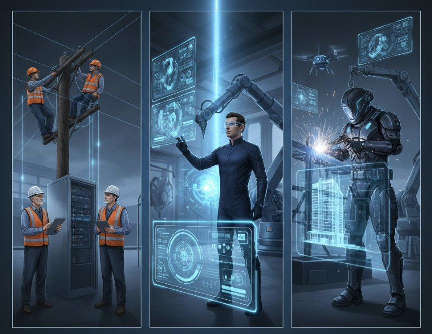 承知いたしました。この画像は、「電気・通信インフラ系」「設備メンテナンス・エンジニアリング」「専門施工・リフォーム技術職」という3つの異なる現場職が連携して、社会の基盤を支えている様子を表現しています。

現場のプロフェッショナルが支える現代社会
このイラストは、現代社会を根底から支える3つの重要な現場職（ブルーカラー）の役割を一つの壮大な風景として表現しています。

電気・通信インフラ系（左上、高層ビル群の通信設備）:都市の高度情報化を可能にする通信インフラや、ビルに電力を供給する電気設備の構築・運用を担う専門職の領域です。彼らが安定した基盤を提供することで、都市機能は円滑に稼働します。

設備メンテナンス・エンジニアリング（中央、鉄道・道路の構造物）:新幹線や高速道路などの巨大な設備を、安全かつ効率的に稼働させ続けるための点検、修理、改良を行うエンジニアの仕事です。彼らの技術力と継続的な努力によって、私たちの日常の移動や物流が支えられています。

専門施工・リフォーム技術職（右下、地上の道路や建物の基礎）:目立たないながらも、街の安全と快適さを担う建設やリフォームの専門家です。地上の道路や建物の基盤の施工技術によって、大規模インフラの安全が確保され、都市の快適な生活空間が創造されます。

この画像は、技術者が高所や複雑な構造物、そして生活の場に近い場所で、それぞれの専門性を発揮しながら、未来の都市を「作る」と「守る」という二つの重要な使命を果たしている姿を象徴しています。