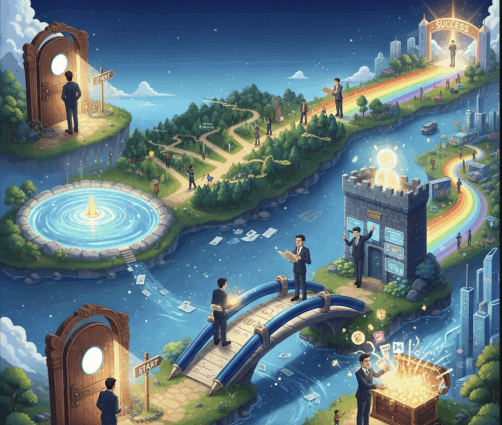 このイラストは、「失敗しない転職」のプロセスを象徴的な風景で表現しています。転職を単なる職探しではなく、明確な目標に向かって進む旅（ロードマップ）として捉える視覚的なメタファーです。

スタート地点（現在の職場・キャリア）:画面手前左下にある門扉は、現在の状況や職場を表しています。ここから新しいキャリアの旅が始まります。

明確な目標と計画（まっすぐな道と分岐点）:眼前に広がる、カーブを描きながらも高みを目指す道は、計画的に進める転職活動を示しています。成功への道筋は一本道ではなく、自己分析、情報収集、企業選定といった複数のステップや選択肢（分岐点）を経て進みます。

成功の扉（到達点と次のステップ）:道の先に開かれている大きな扉は、内定獲得や入社といったキャリアの新しいステージ、つまり転職の成功を象徴しています。

このイラストは、転職成功のためには、不安を乗り越え、自己の価値観と市場のニーズを照らし合わせながら、冷静に、そして計画的に一歩ずつ進むことが重要であることを示唆しています。