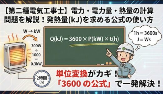 【第二種電気工事士】電力の発熱量の計算問題を解説！発熱量(kJ)を求める公式の使い方
