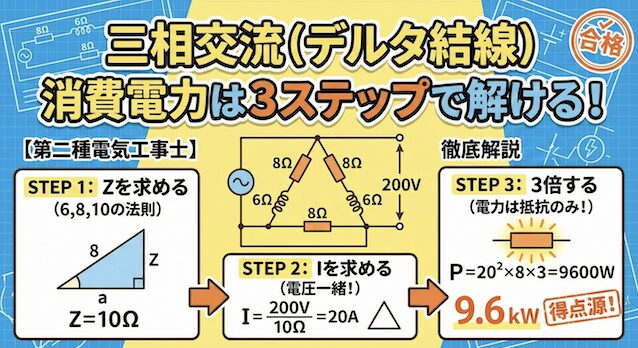 【第二種電気工事士】三相交流（デルタ結線）の消費電力は3ステップで解ける！計算手順を徹底解説