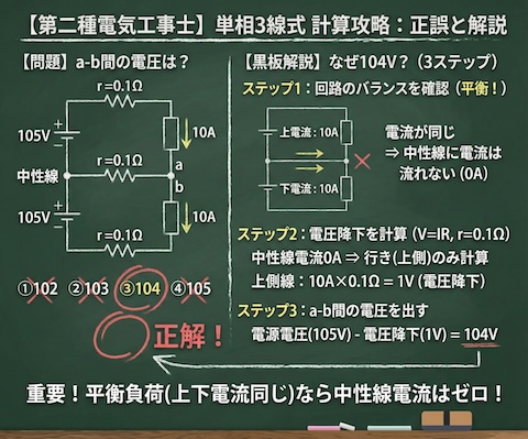 【第二種電気工事士】単相3線式の計算攻略！中性線に電流が流れない条件とは？の問題の正誤と各選択肢の図解説の黒板解説


