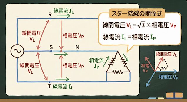 スター結線の電圧・電流の関係を示す図。線間電圧と相電圧の位置関係がわかるもの画像
