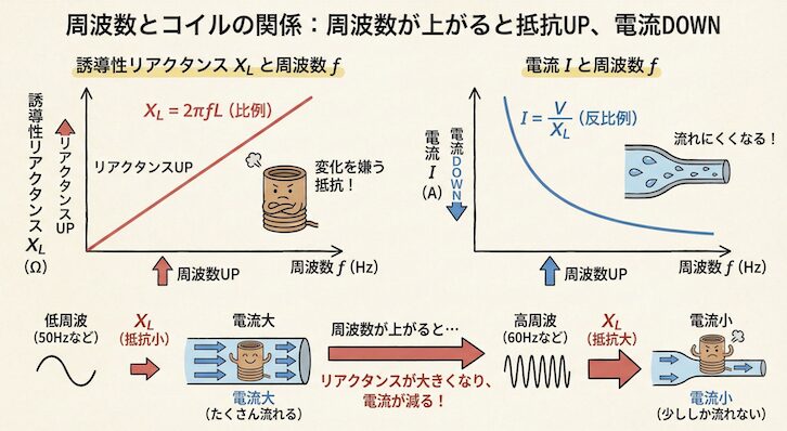 周波数が上がるとリアクタンスXLが上がり、電流Iが下がる関係を示したグラフやイメージ図