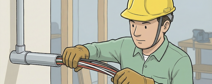 金属管に電線を収める作業