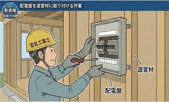 配電盤を造営材に取り付ける作業