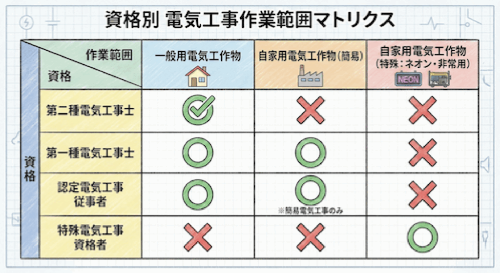 第二種電気工事士、資格ごとの作業範囲のマトリクス図。第二種、第一種、認定、特殊資格者がそれぞれ一般用・自家用（簡易・特殊）で○か×かが分かる表