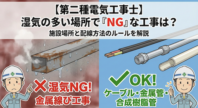 【第二種電気工事士】湿気の多い場所で「NG」な工事はどれ？施設場所と配線方法のルールを解説