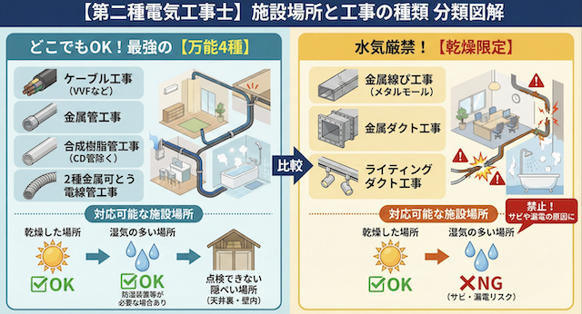 施設場所と工事の種類の分類図。「万能4種」と「乾燥限定」を比較した図解 