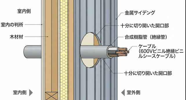 壁を切り開き絶縁管を通している断面図