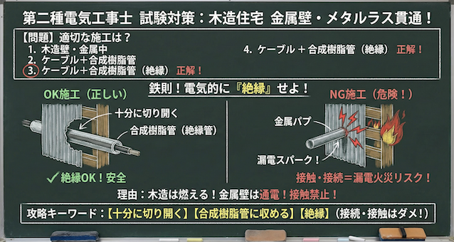 第二種電気工事士木造住宅の金属壁・メタルラス貫通の黒板解説