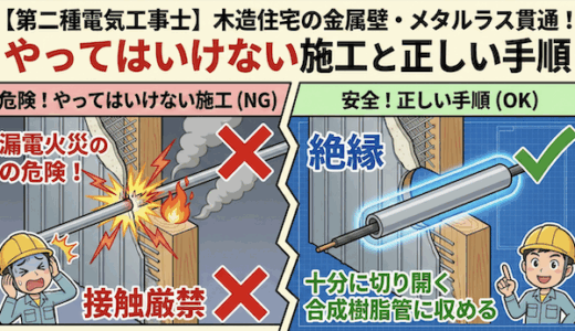 【第二種電気工事士】木造住宅の金属壁・メタルラス貫通！やってはいけない施工と正しい手順