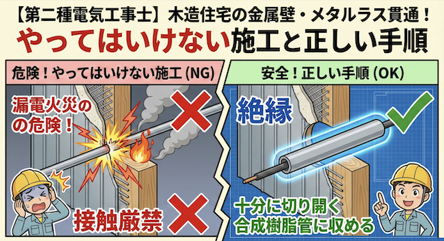 【第二種電気工事士】木造住宅の金属壁・メタルラス貫通！やってはいけない施工と正しい手順