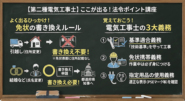 電気工事士の「三大義務」と「手続き」のルールの黒板解説
