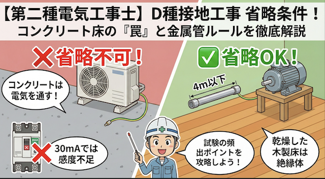 【第二種電気工事士】接地工事の省略条件！コンクリート床や金属管のルールを徹底解説