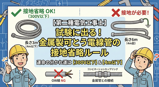 【第二種電気工事士】金属製可とう電線管の接地はいつ省略できる？4mのルールと試験に出る重要ポイント