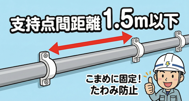 壁面にサドルで固定されたパイプの図。サドル間の距離が1.5m以下であることを示している