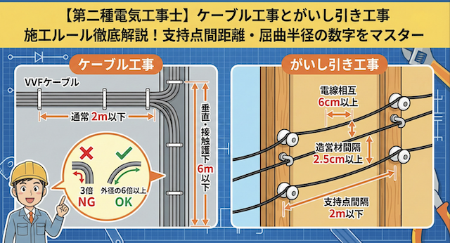 【第二種電気工事士】ケーブル工事とがいし引き工事の施工ルール徹底解説！支持点間距離6mの条件や屈曲半径とは