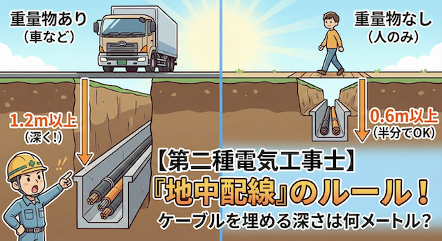 【第二種電気工事士】地面の下を通す「地中配線」のルールを徹底解説！ケーブルを埋める深さは何メートル？