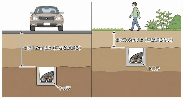 地中埋設の断面図。左側に「土冠1.2m以上（車などが通る）」、右側に「土冠0.6m以上（車が通らない）」の比較イラスト 