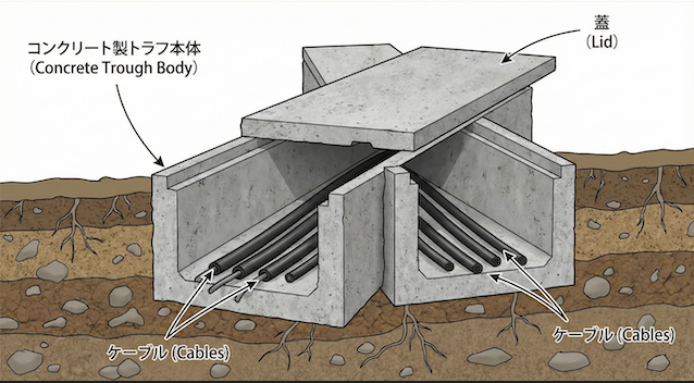 コンクリート製のトラフのイラスト。蓋がついた細長い箱のような形状 