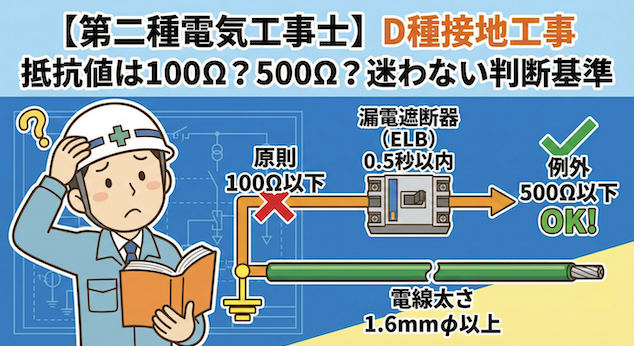 【第二種電気工事士】D種接地工事の抵抗値は100Ω？500Ω？迷わないための判断基準と電線の太さを徹底解説