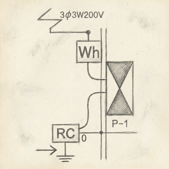 3φ3W 200V電源から電力量計(Wh)を通り、RC(ルームエアコン室外機)へ接続されている配線図。RCの筐体から接地線が出ている部分に矢印がある