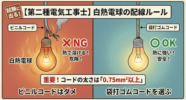 【第二種電気工事士】白熱電球の配線、ビニルコードはOK？NG？熱を持つ器具のコード選びと太さのルールを徹底解説