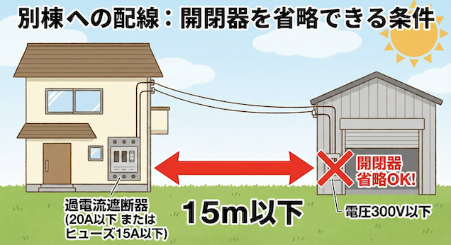 母屋と倉庫の距離が15m以下であることを強調したイラスト