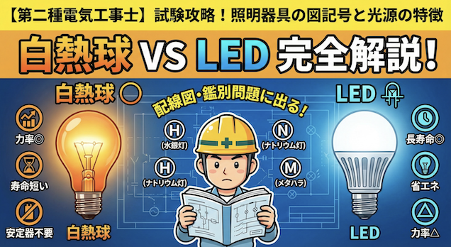 【第二種電気工事士】試験に出る照明器具の図記号と光源の特徴を完全攻略！白熱球とLEDの違いとは？