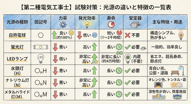光源の違いと特徴の一覧表(解説画像の表)