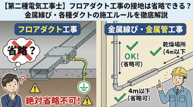 【第二種電気工事士】フロアダクト工事の接地は省略できる？金属線ぴ・各種ダクトの施工ルールを徹底解説