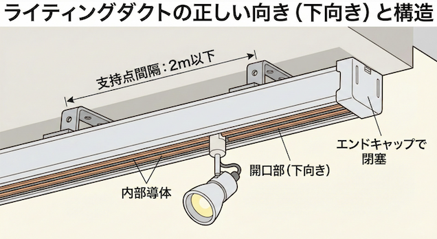 ライティングダクトの正しい向き（下向き）と構造のイラスト