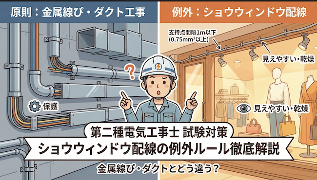 【第二種電気工事士】金属線ぴ・ダクト工事とどう違う？ショウウィンドウ配線の例外ルールを徹底解説
