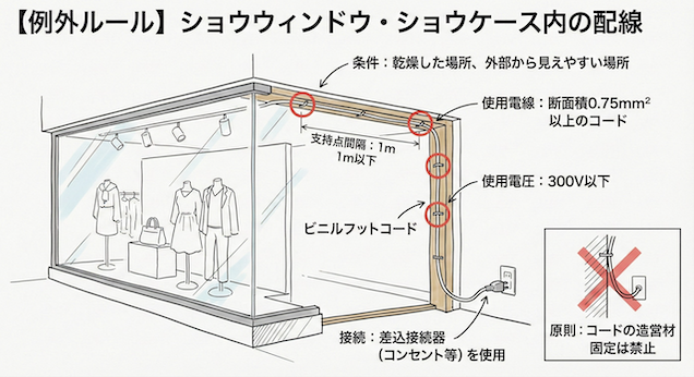 ショウウィンドウ内の配線のイラスト