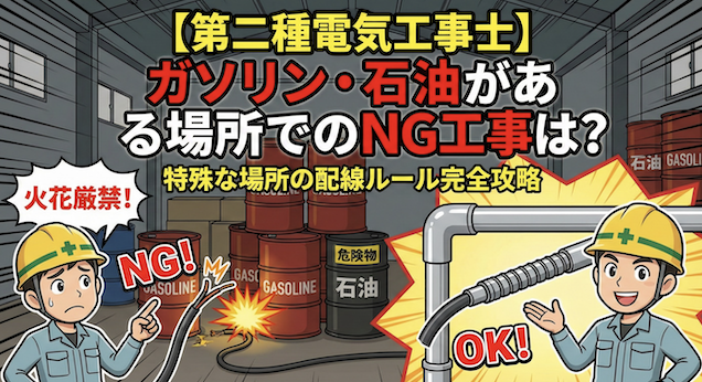 【第二種電気工事士】ガソリンや石油がある場所でのNG工事は？特殊な場所の配線ルールを完全攻略