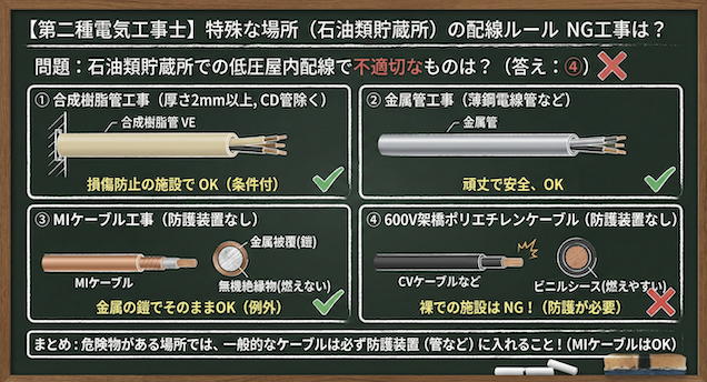 【第二種電気工事士】ガソリンや石油がある場所でのNG工事は？特殊な場所の配線ルールを完全攻略の問題の正誤と各選択肢の図解説の黒板解説


