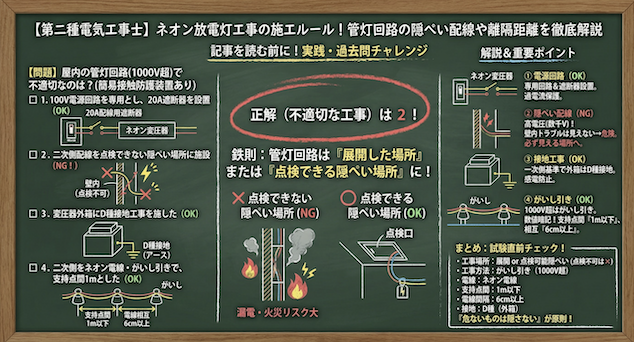 【第二種電気工事士】ネオン放電灯工事の施工ルール!管灯回路の隠ぺい配線や離隔距離を徹底解説の問題の正誤と各選択肢の図解説の黒板解説