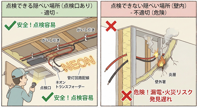 点検できる隠ぺい場所(点検口あり)と点検できない隠ぺい場所(壁内)の比較図