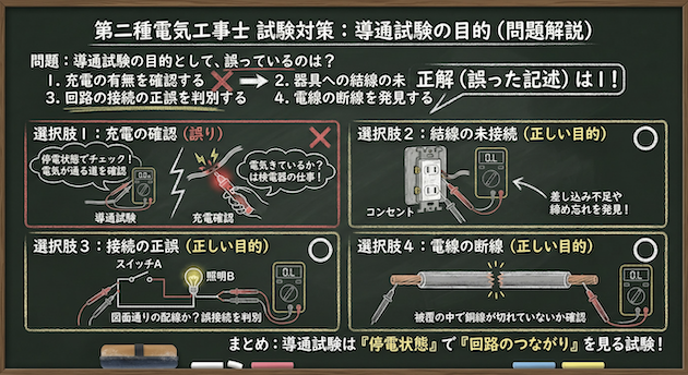 【第二種電気工事士】竣工検査の正しい手順とは？導通試験の目的と頻出過去問を解説の問題の正誤と各選択肢の図解説の黒板解説

