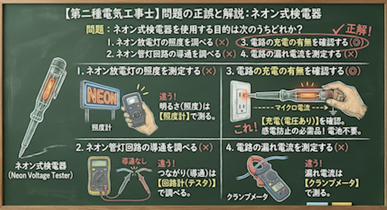 【第二種電気工事士】一般用電気工作物の検査！ネオン式検電器の役割と試験対策を徹底解説の問題の正誤と各選択肢の図解説の黒板解説

