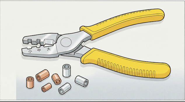リングスリーブE形と専用圧着工具(黄色い柄)のイラスト