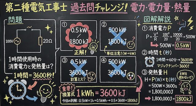 【第二種電気工事士】電力・電力量・熱量の計算と関係性を徹底解説!1kWhと3600kJの換算をマスターするの問題の正誤と各選択肢の図解説の黒板解説