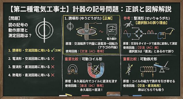 【第二種電気工事士】メーターの記号「◎に縦線」は何？計器の動作原理と使用回路を完全攻略の問題の正誤と各選択肢の図解説の黒板解説