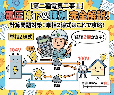 【第二種電気工事士】単相2線式の電圧降下と電圧の種別を完全解説！配電理論の計算問題対策