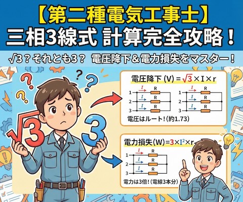 【第二種電気工事士】三相3線式の公式は「ルート3」？「3」？電圧降下と電力損失の計算を完全攻略！