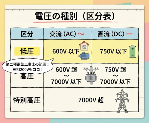 電圧の区分表（低圧：交流600V以下、直流750V以下など）