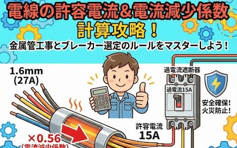 【第二種電気工事士】電線の許容電流と電流減少係数の計算！金属管工事と過電流遮断器の選定ルール