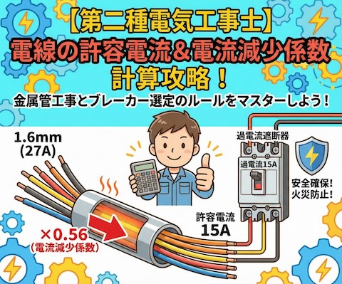 【第二種電気工事士】電線の許容電流と電流減少係数の計算！金属管工事と過電流遮断器の選定ルール