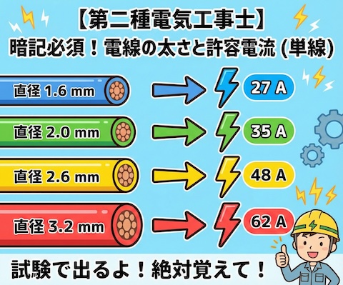 電線の太さと許容電流の対応表（1.6mm=27A, 2.0mm=35A, 2.6mm=48A, 3.2mm=62A）