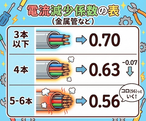 電流減少係数の表。3本以下0.70、4本0.63、5-6本0.56